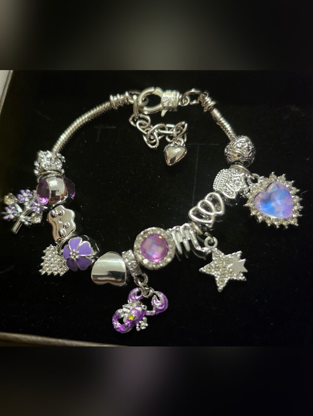 Sterling Silver Purple Charm Bracelet with Crystal Accents